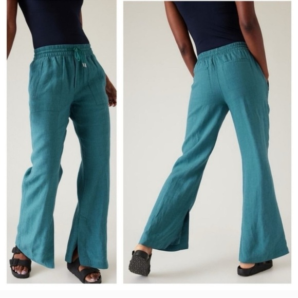 Athleta Pants - Athleta Retreat Linen Wide Leg Pant Pull On Drawstring Teal Beach Casual Size 8